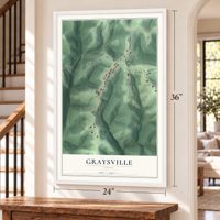 Graysville, Ohio map, 24 x 36 inch print in a white frame by a staircase