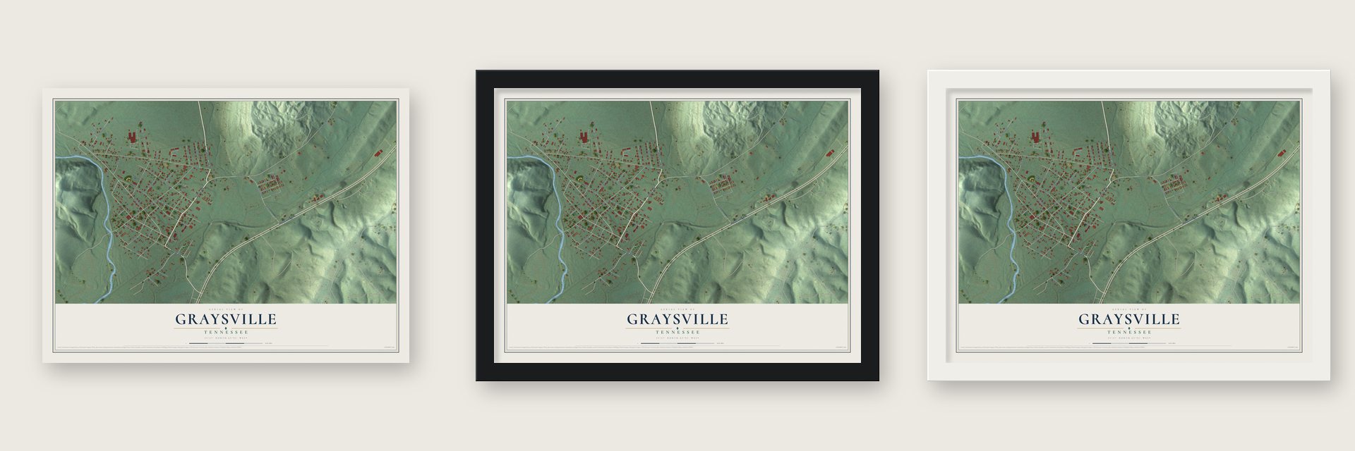 Graysville, Tennessee map unframed, in a black wood frame and in a white wood frame