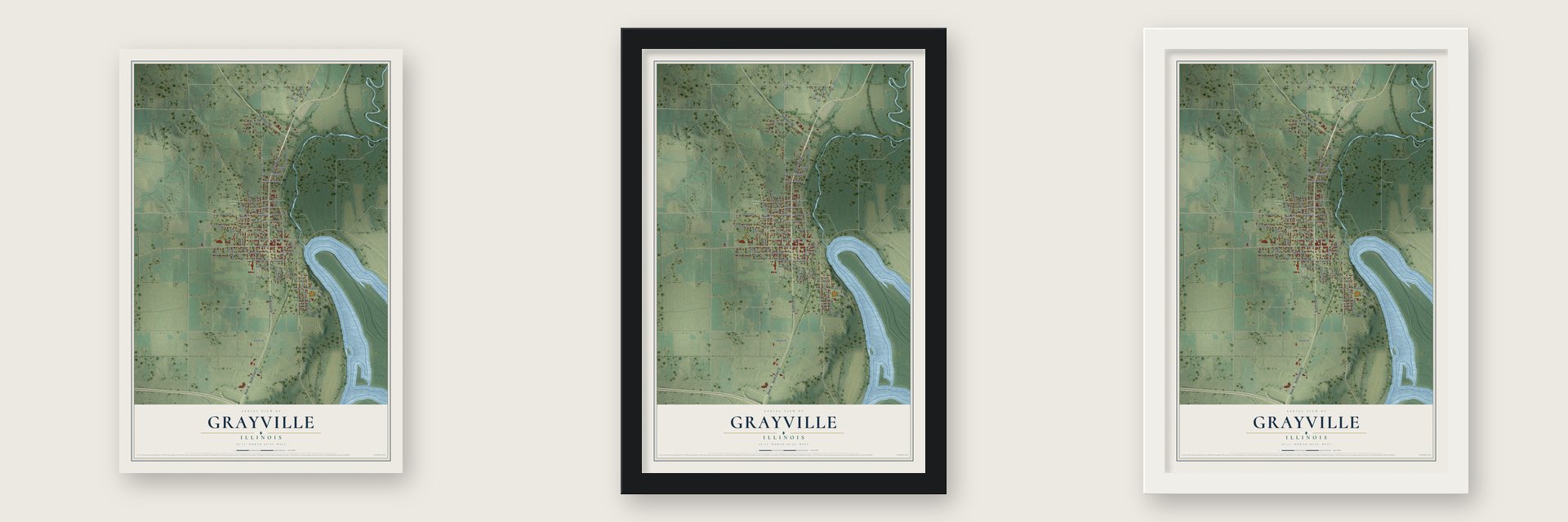 Grayville, Illinois map unframed, in a black wood frame and in a white wood frame