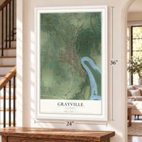 Grayville, Illinois map, 24 x 36 inch print in a white frame by a staircase