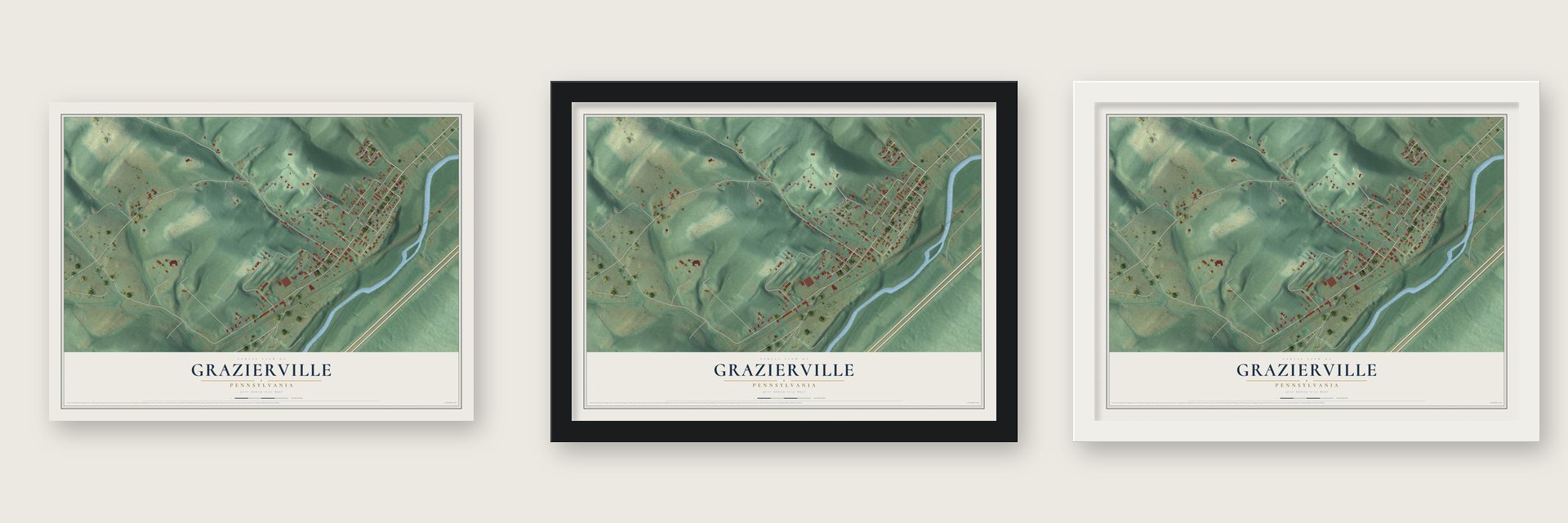 Grazierville, Pennsylvania map unframed, in a black wood frame and in a white wood frame