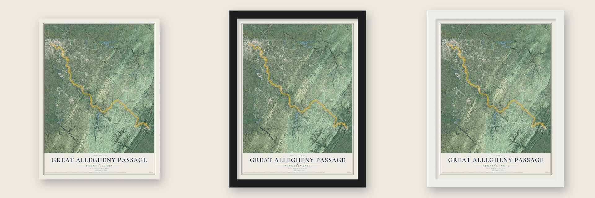 Great Allegheny Passage, Pennsylvania map unframed, in a black wood frame and in a white wood frame