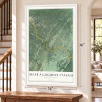 Great Allegheny Passage, Pennsylvania map, 24 x 36 inch print in a white frame by a staircase