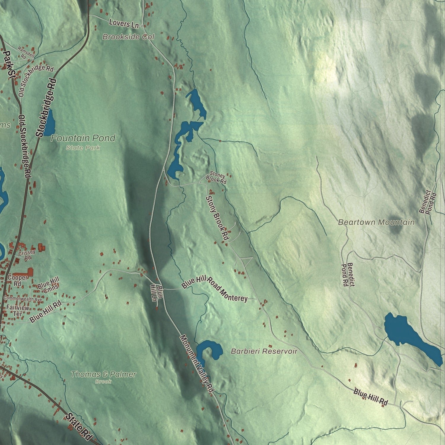 Close-up of the map of Great Barrington, Massachusetts print showing terrain and local geography