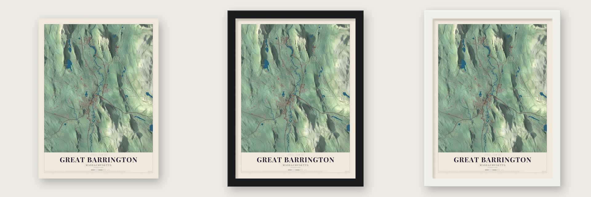 Great Barrington, Massachusetts map unframed, in a black wood frame and in a white wood frame