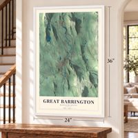 Great Barrington, Massachusetts map, 24 x 36 inch print in a white frame by a staircase