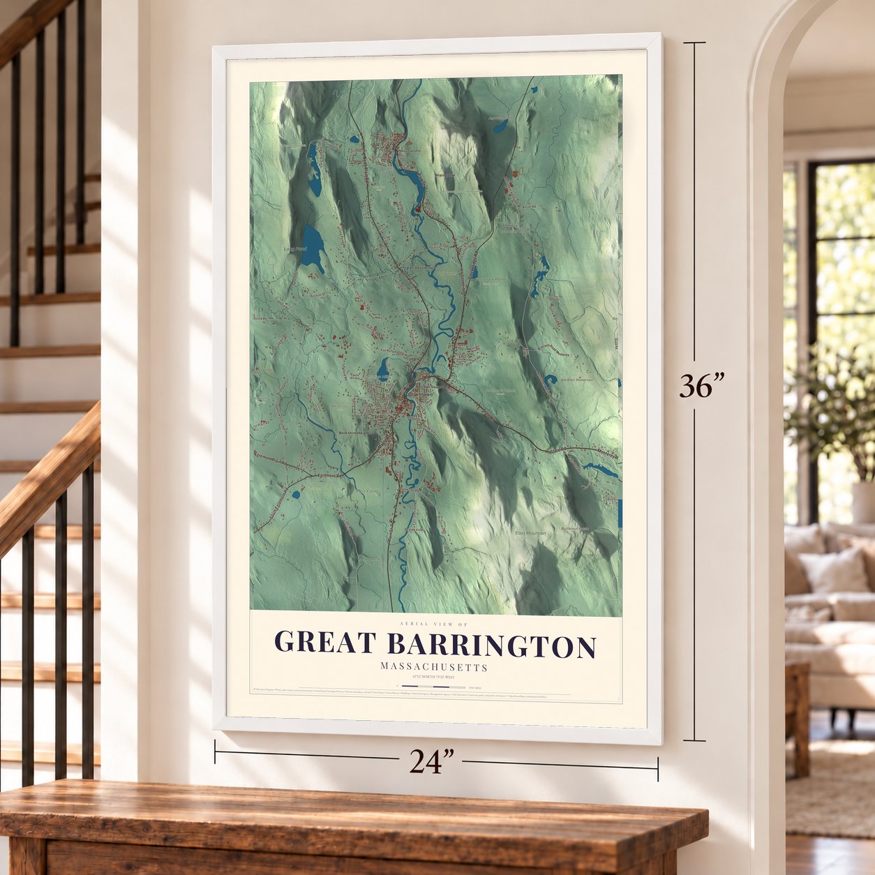 Great Barrington, Massachusetts map, 24 x 36 inch print in a white frame by a staircase