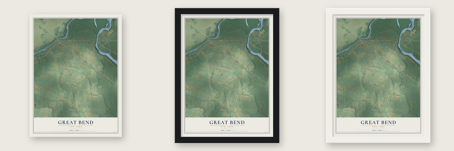 Great Bend, New York map unframed, in a black wood frame and in a white wood frame