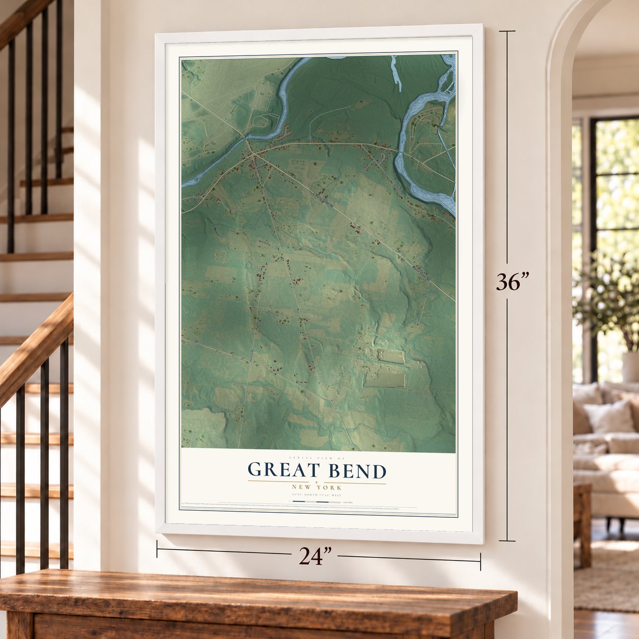 Great Bend, New York map, 24 x 36 inch print in a white frame by a staircase