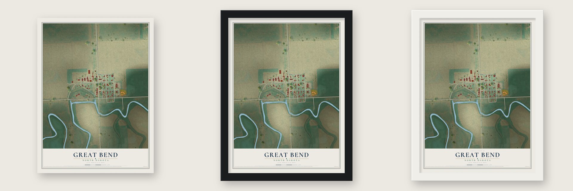 Great Bend, North Dakota map unframed, in a black wood frame and in a white wood frame