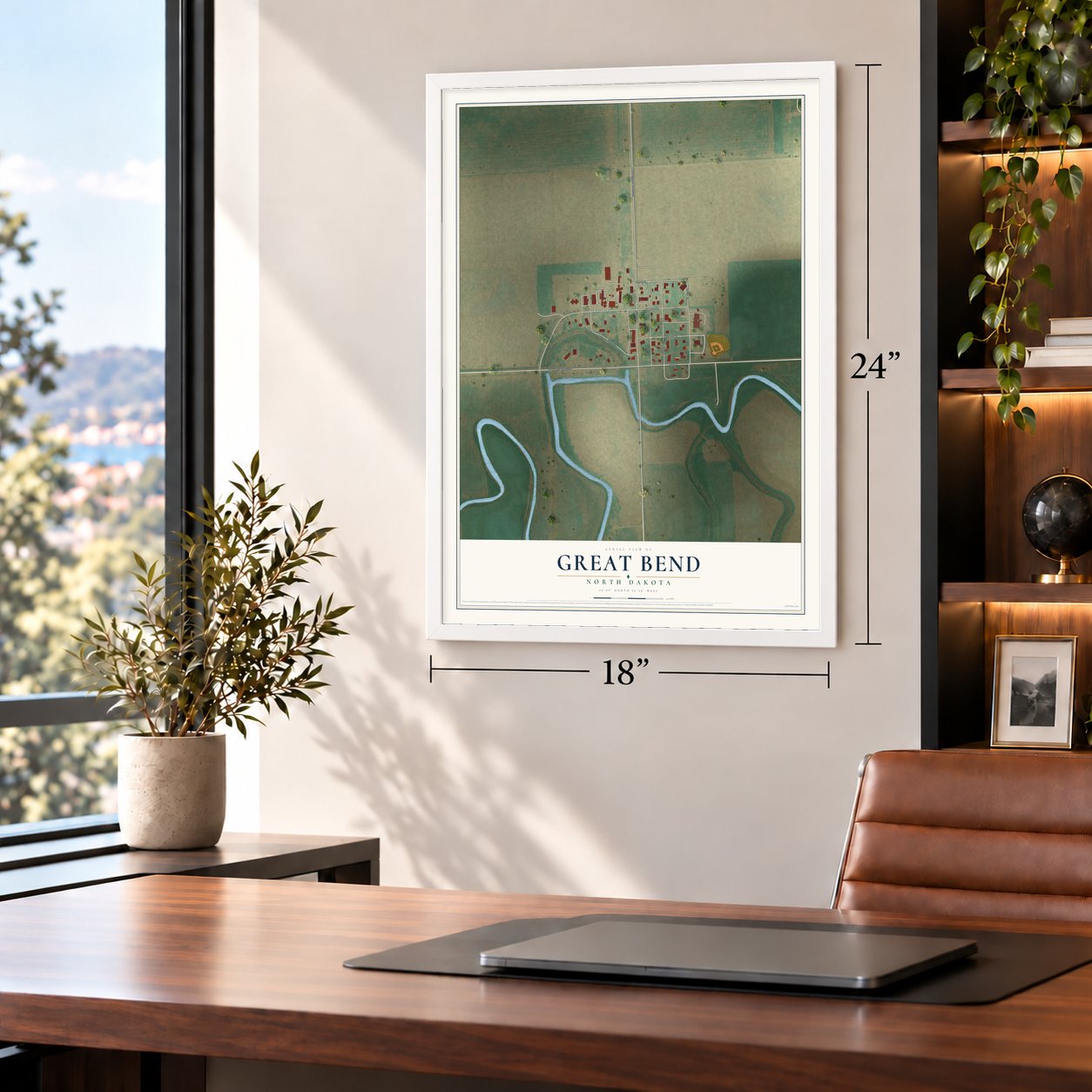 Great Bend, North Dakota map, 18 x 24 inch print in a white frame in a home office