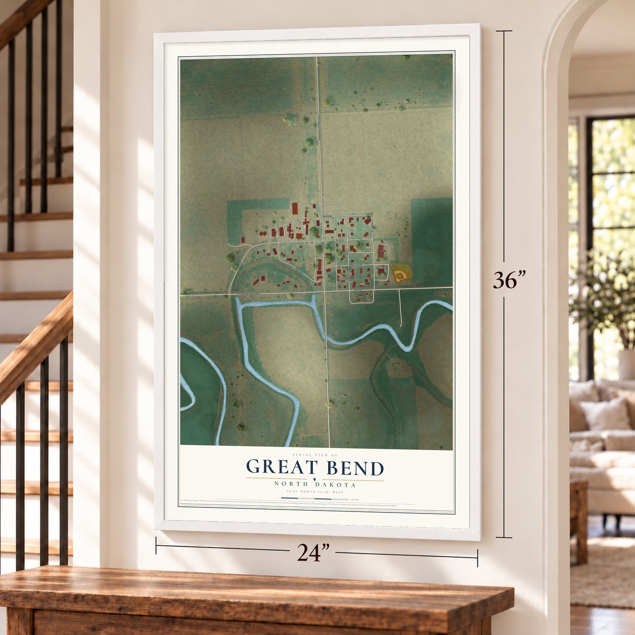 Great Bend, North Dakota map, 24 x 36 inch print in a white frame by a staircase
