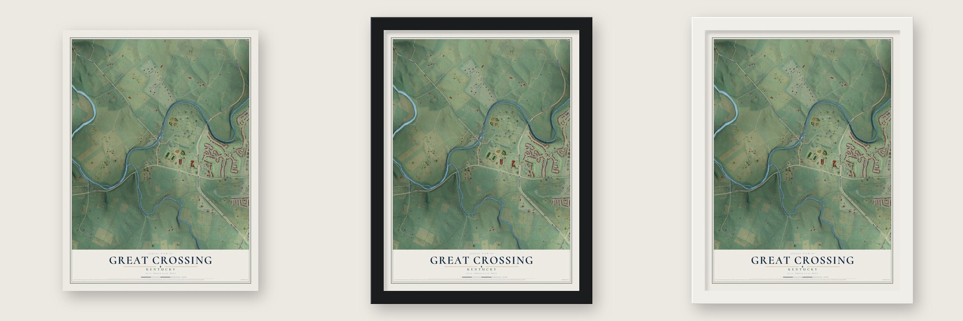 Great Crossing, Kentucky map unframed, in a black wood frame and in a white wood frame
