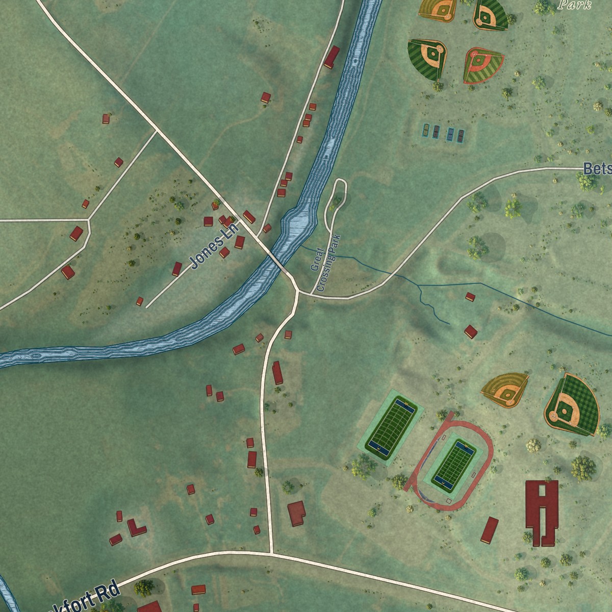 Second close-up of the map of Great Crossing, Kentucky print showing more streets and buildings