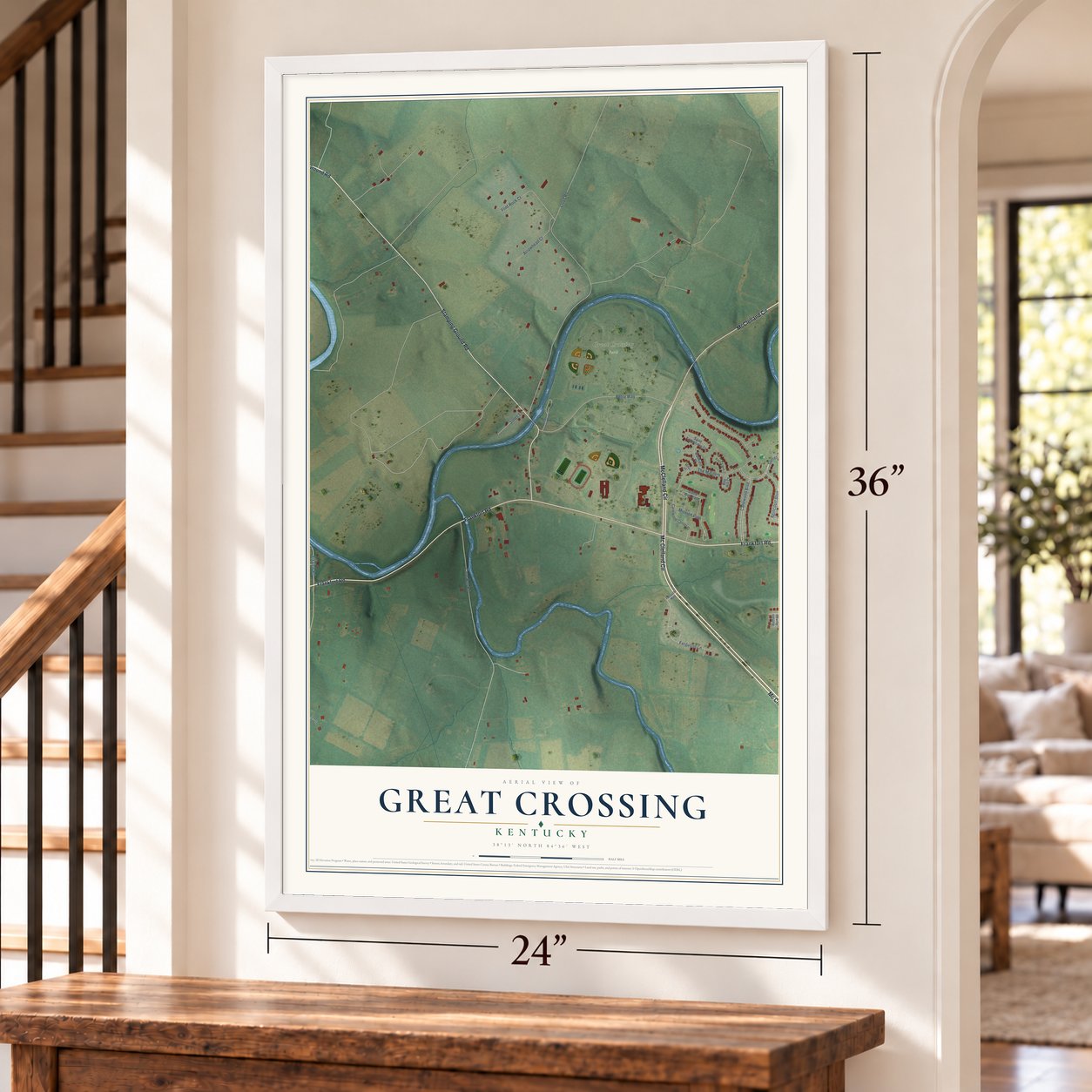 Great Crossing, Kentucky map, 24 x 36 inch print in a white frame by a staircase
