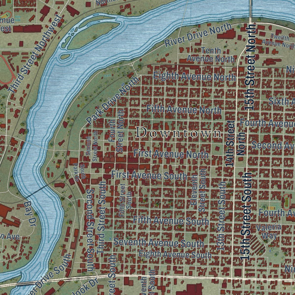 Second close-up of the map of Great Falls, Montana print showing more streets and buildings