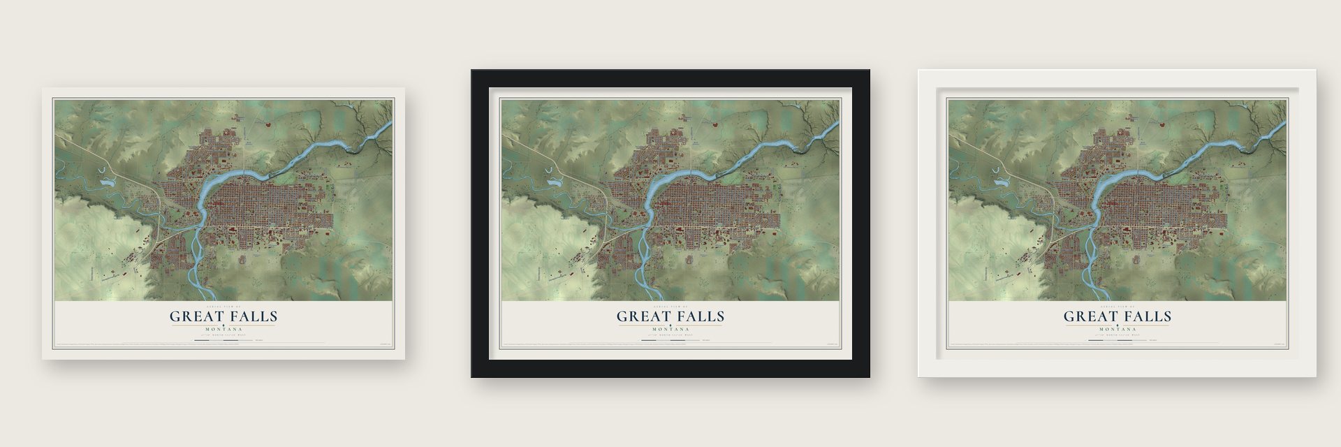 Great Falls, Montana map unframed, in a black wood frame and in a white wood frame