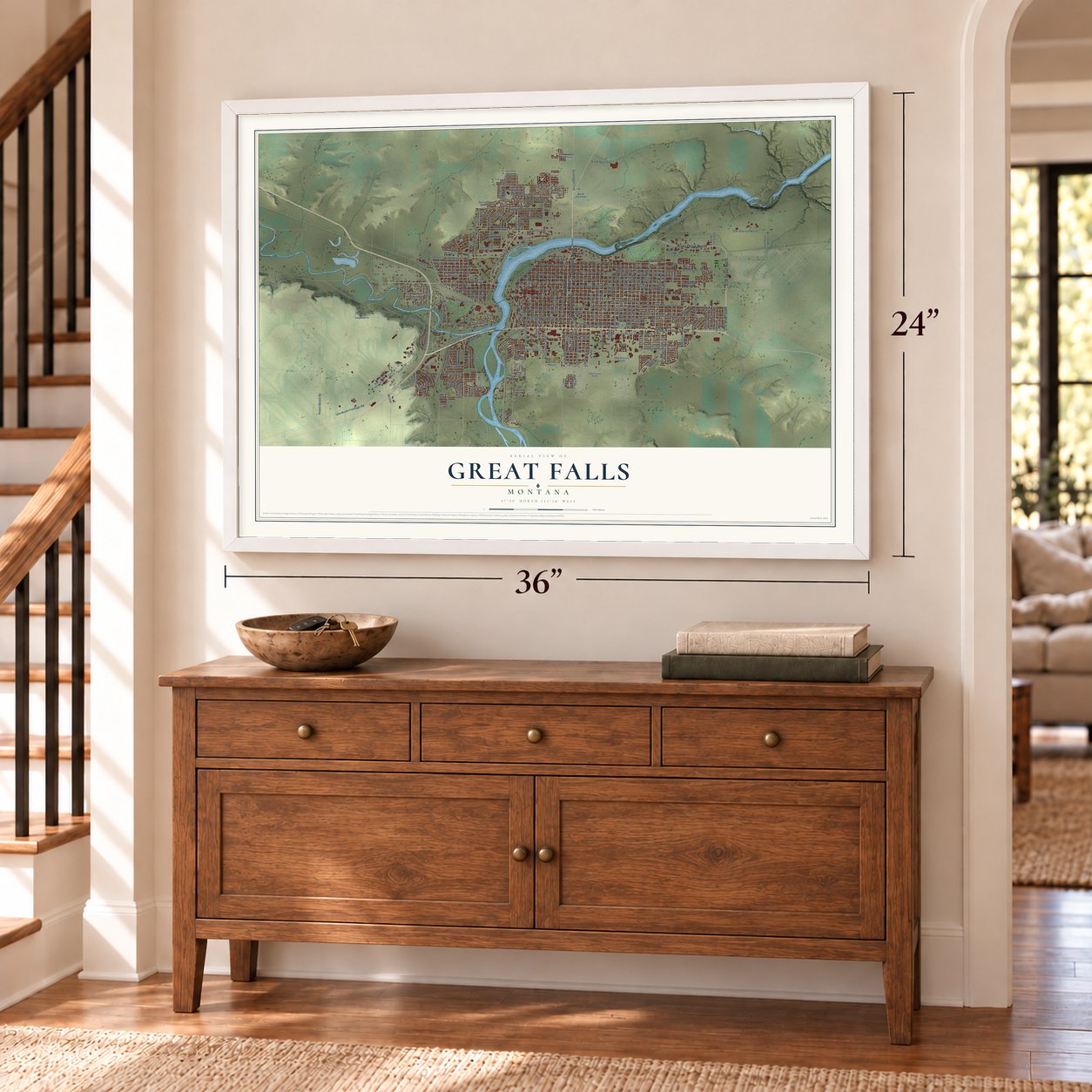 Great Falls, Montana map, 24 x 36 inch print in a white frame above a dresser by a staircase