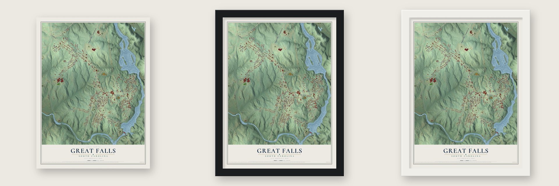 Great Falls, South Carolina map unframed, in a black wood frame and in a white wood frame