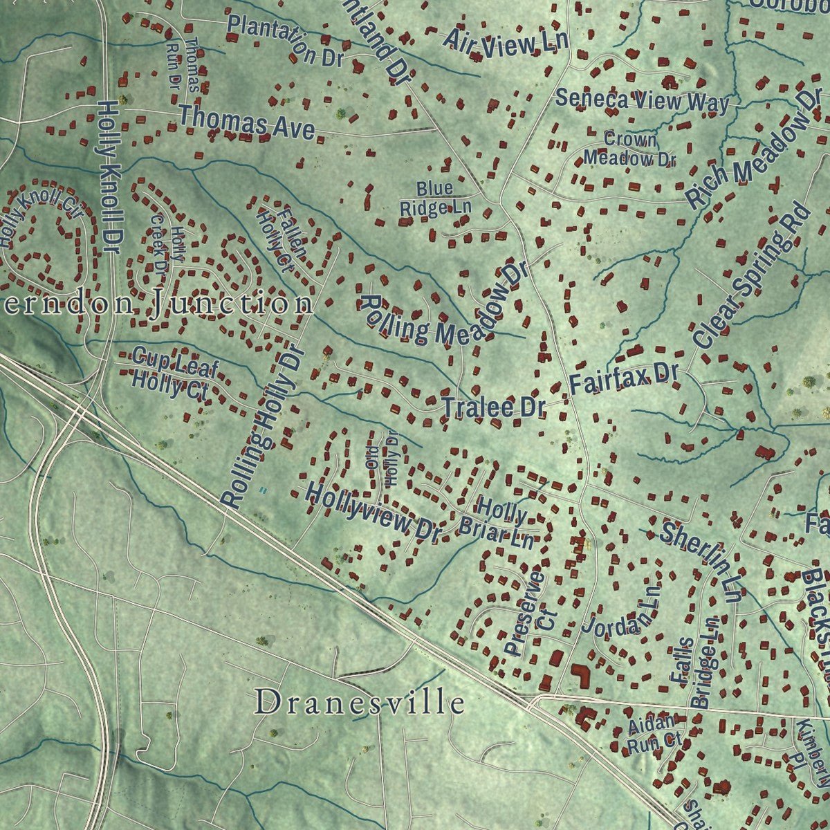 Second close-up of the map of Great Falls, Virginia print showing more streets and buildings