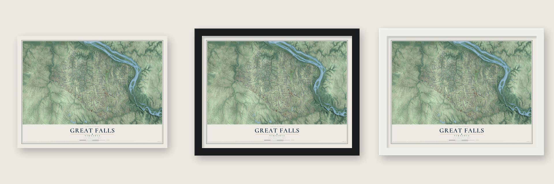Great Falls, Virginia map unframed, in a black wood frame and in a white wood frame
