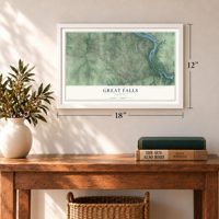Great Falls, Virginia map, 12 x 18 inch print in a white frame in an entryway