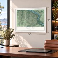 Great Falls, Virginia map, 18 x 24 inch print in a white frame in a home office