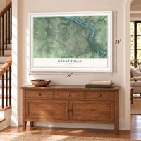 Great Falls, Virginia map, 24 x 36 inch print in a white frame above a dresser by a staircase