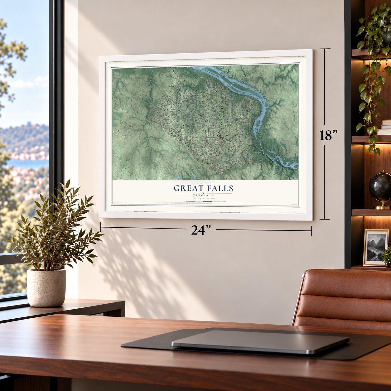 Great Falls, Virginia map, 18 x 24 inch print in a white frame in a home office
