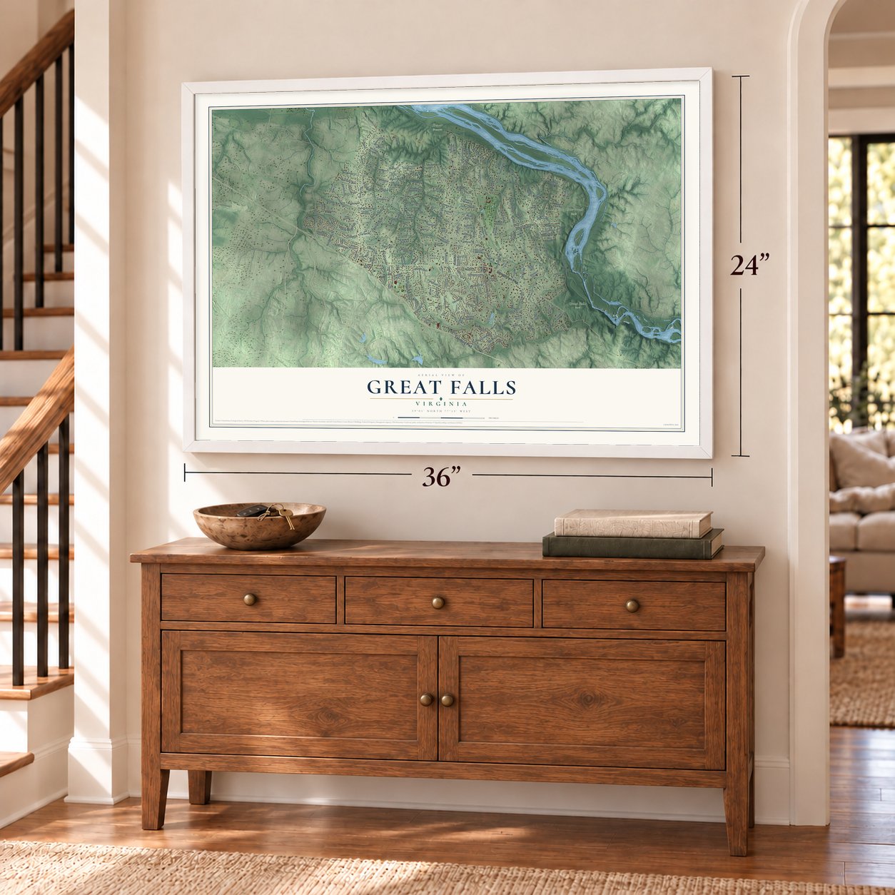 Great Falls, Virginia map, 24 x 36 inch print in a white frame above a dresser by a staircase