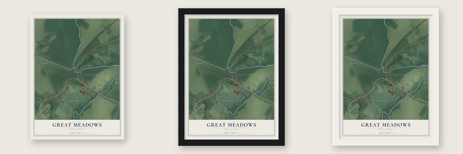 Great Meadows, New Jersey map unframed, in a black wood frame and in a white wood frame