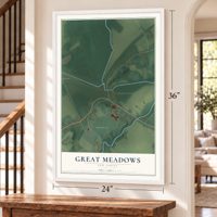Great Meadows, New Jersey map, 24 x 36 inch print in a white frame by a staircase