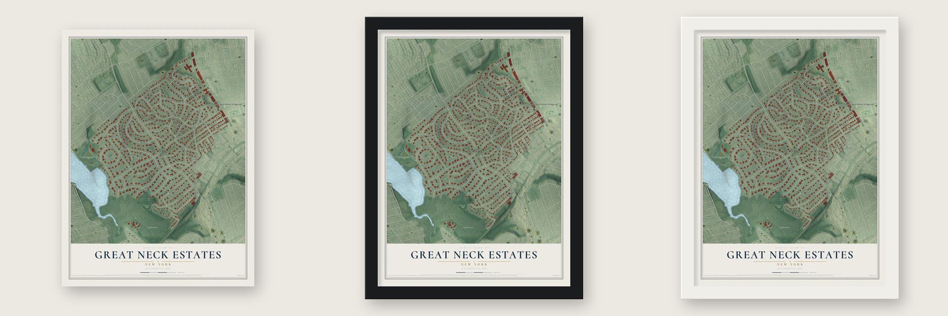 Great Neck Estates, New York map unframed, in a black wood frame and in a white wood frame