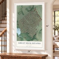 Great Neck Estates, New York map, 24 x 36 inch print in a white frame by a staircase