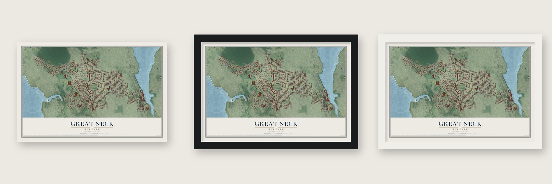 Great Neck, New York map unframed, in a black wood frame and in a white wood frame