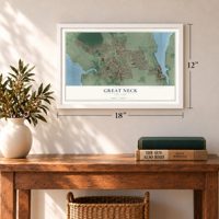 Great Neck, New York map, 12 x 18 inch print in a white frame in an entryway
