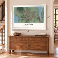 Great Neck, New York map, 24 x 36 inch print in a white frame above a dresser by a staircase