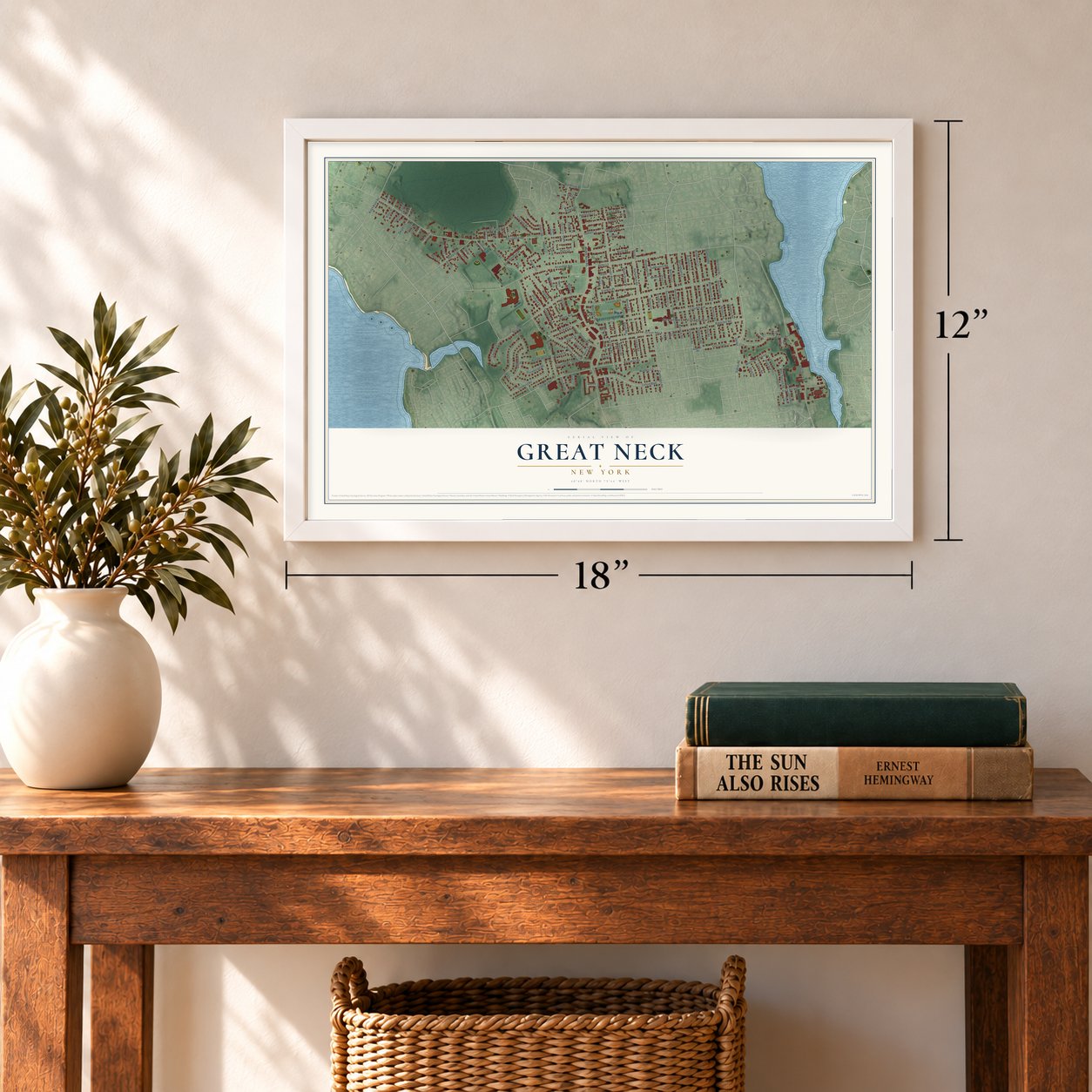 Great Neck, New York map, 12 x 18 inch print in a white frame in an entryway