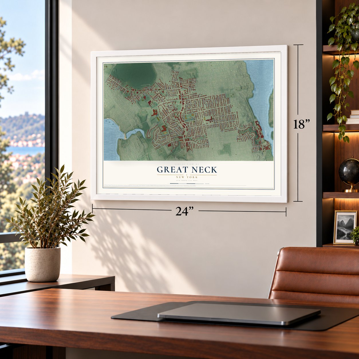 Great Neck, New York map, 18 x 24 inch print in a white frame in a home office