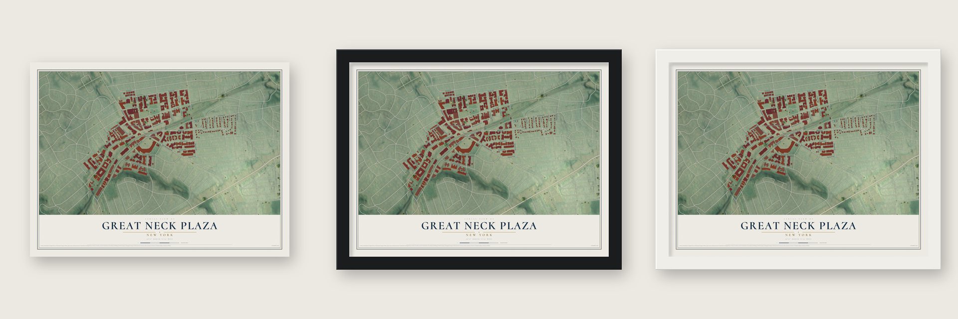 Great Neck Plaza, New York map unframed, in a black wood frame and in a white wood frame