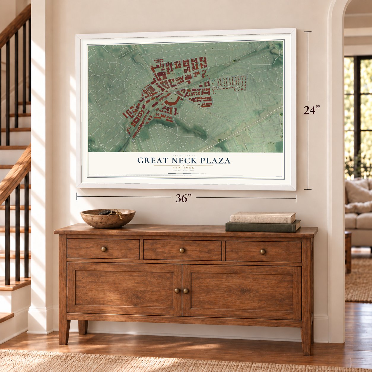 Great Neck Plaza, New York map, 24 x 36 inch print in a white frame above a dresser by a staircase