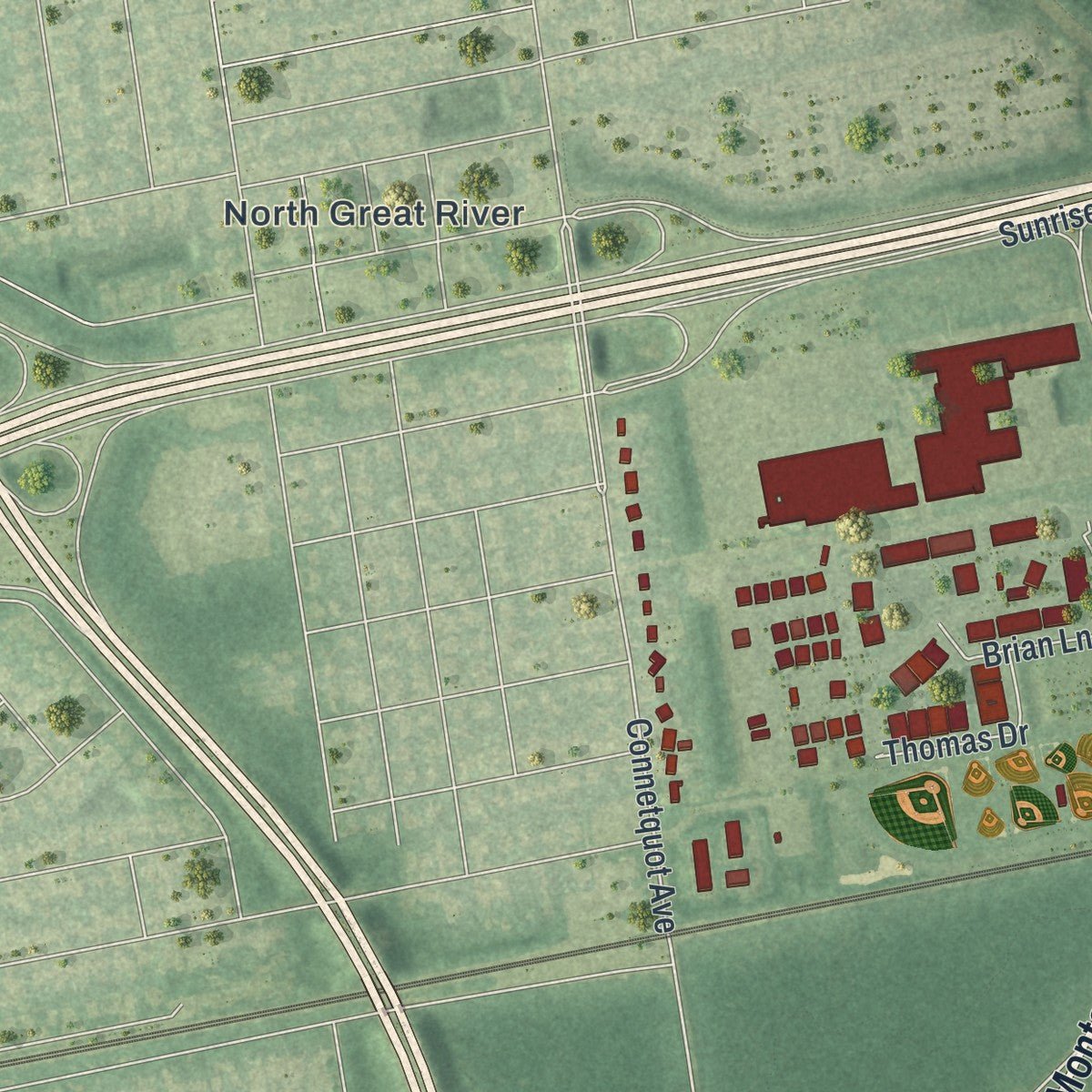 Second close-up of the map of Great River, New York print showing more streets and buildings