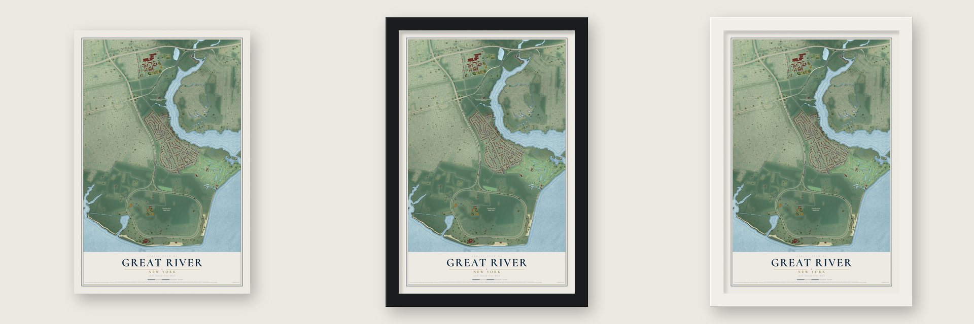 Great River, New York map unframed, in a black wood frame and in a white wood frame