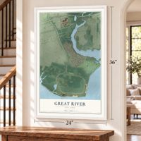 Great River, New York map, 24 x 36 inch print in a white frame by a staircase