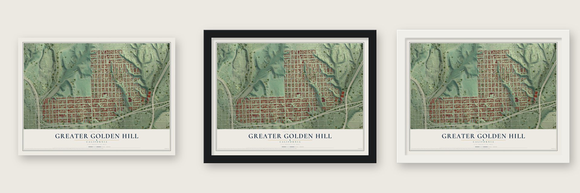Greater Golden Hill, California map unframed, in a black wood frame and in a white wood frame