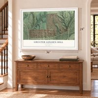 Greater Golden Hill, California map, 24 x 36 inch print in a white frame above a dresser by a staircase