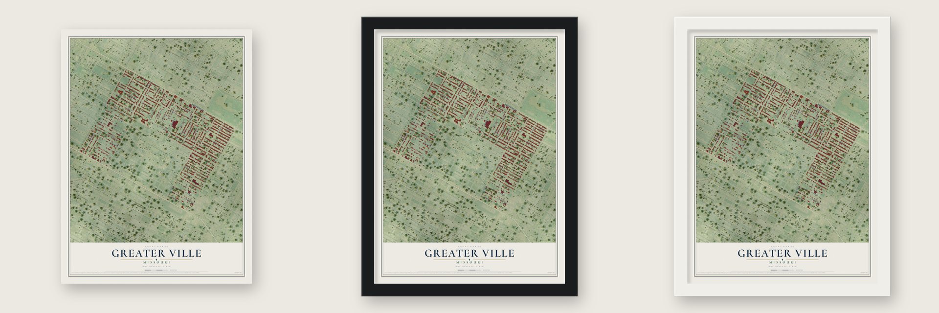 Greater Ville, Missouri map unframed, in a black wood frame and in a white wood frame