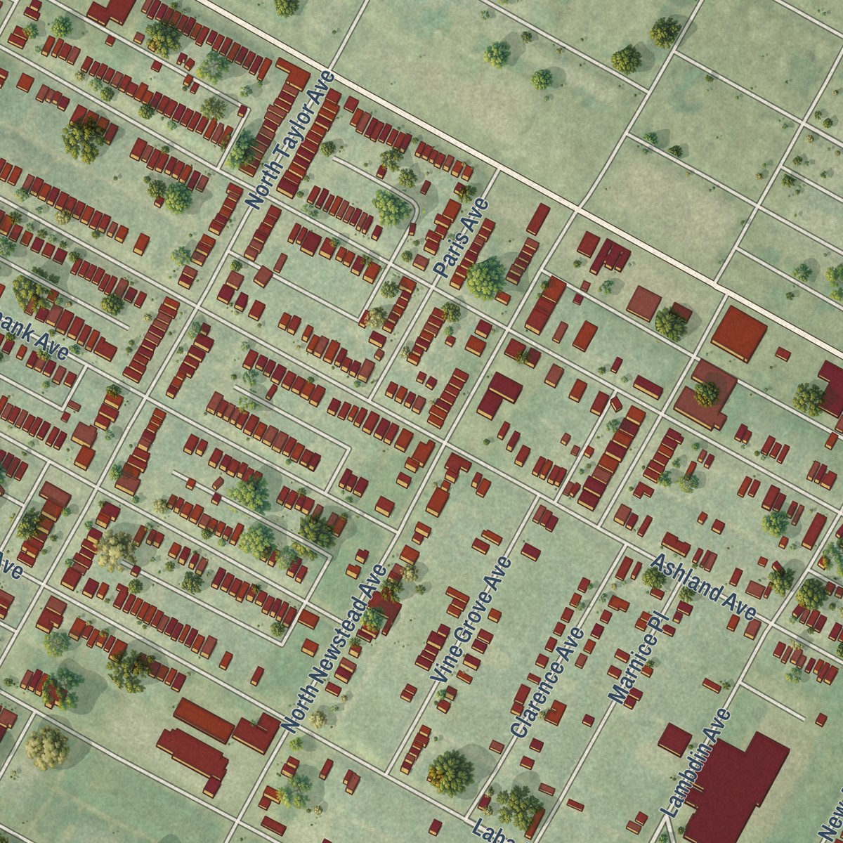 Second close-up of the map of Greater Ville, Missouri print showing more streets and buildings