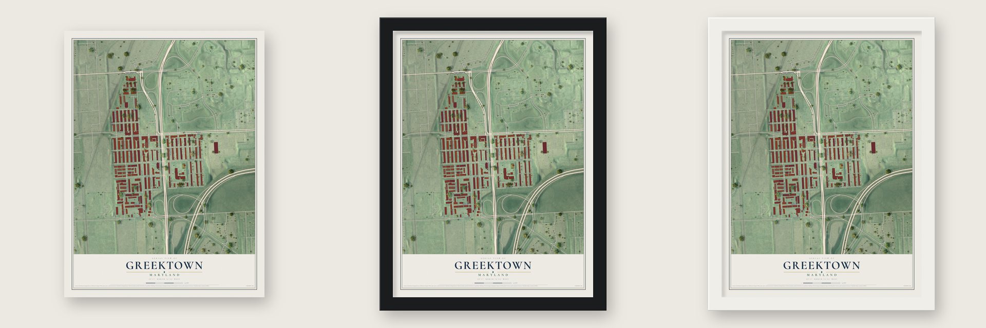 Greektown, Maryland map unframed, in a black wood frame and in a white wood frame