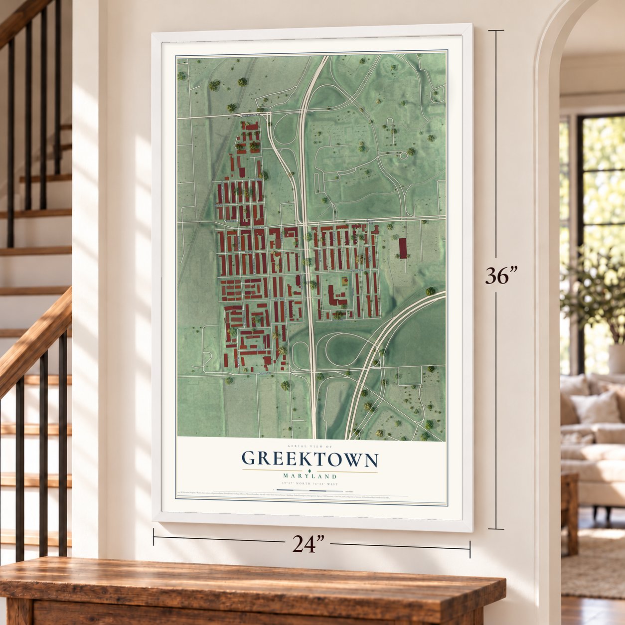 Greektown, Maryland map, 24 x 36 inch print in a white frame by a staircase